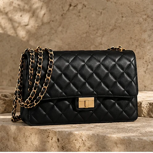 Editorial illustration of a designer-style handbag, not a specific retail item